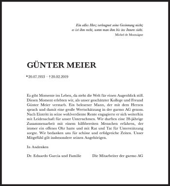 Traueranzeigen von Günter Meier stuttgart gedenkt de