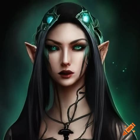 Digital Art Of A Beautiful Wood Elf With Long Black Hair And Green Eyes