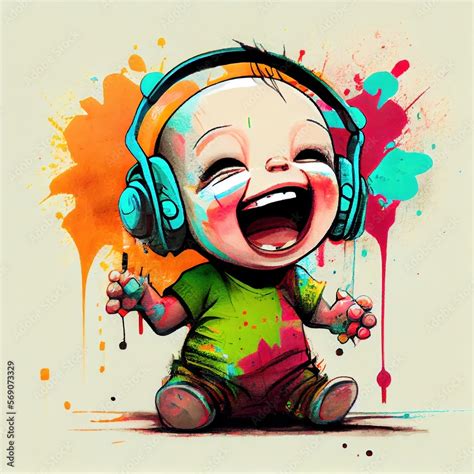 Colorful cartoon drawing of cute happy singing baby with headphones, Ai ...