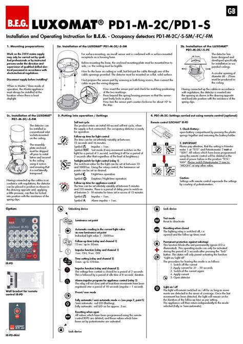 B E G LUXOMAT PD1 M 2C INSTALLATION AND OPERATING INSTRUCTION MANUAL