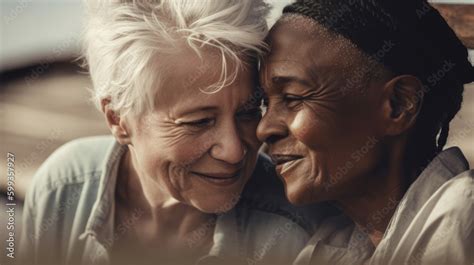 Old Women Lesbian Couple Black And Caucasian Female In Love LGBT Pride Month Celebration