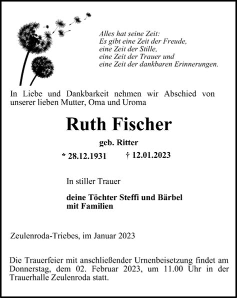 Traueranzeigen Von Ruth Fischer Trauer In Thueringen De