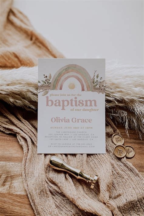 Rainbow Baptism Invitation Boho Baptism Invitation Template Etsy