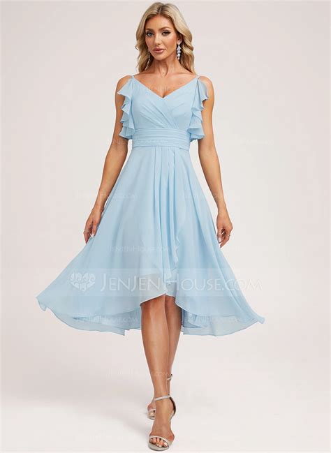 A Line V Neck Asymmetrical Chiffon Bridesmaid Dress With Ruffle