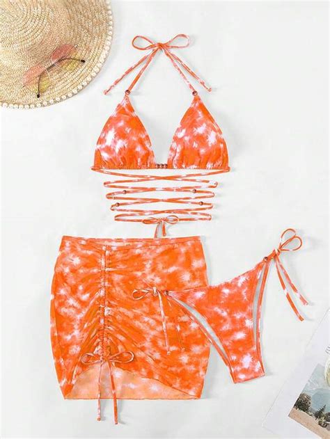 Shein Swim Y Glam Ba Ador Bikini Tri Ngulo Halter De Tie Dye Con Falda