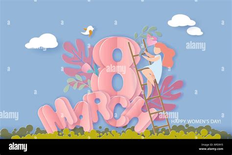 Happy 8 March Womens Day Card Woman On Stairs Decorates With Flowers