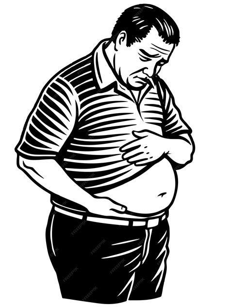 A black and white drawing of a man with a stomach showing his stomach