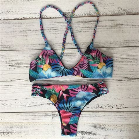 Swimwear Women Pineapple Flowers Swimsuit Push Up Bikini Set Bathing