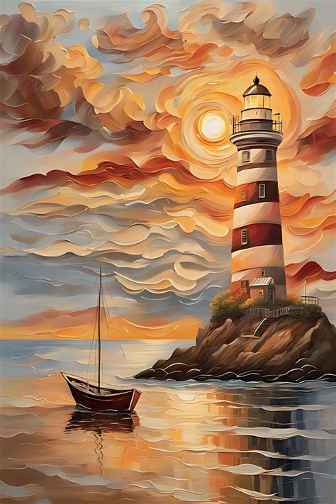 Seascape With A Boat On The Water A Lighthouse On The Shore And A Sun