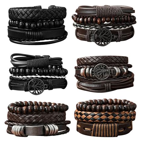 Men Bracelets Vintage Multilayer Leather Braid Bracelets Leaf Handmade