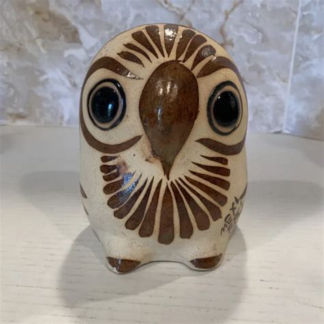 Vintage Tonala Pottery Owl Bird Figurine Mexico Hand Painted Studio