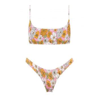 Emmiol Free Shipping Floral Print Smocked Bikini Set Pink S In