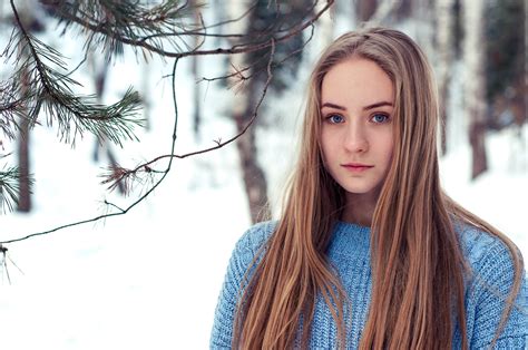 Wallpaper Model Blonde Looking At Viewer Long Hair Sweater Trees