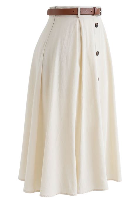 Buttoned Belted A Line Midi Skirt In Cream Retro Indie And Unique