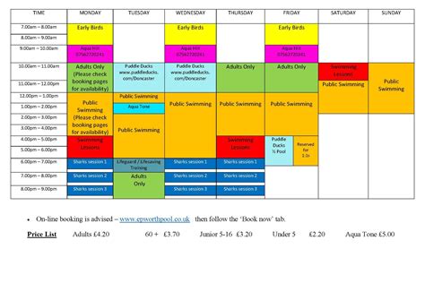 Swimming Timetable at Epworth Pool