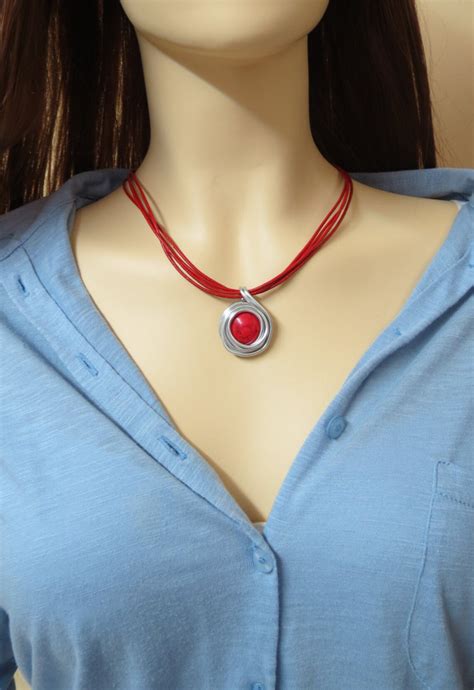 Red Necklace Pendant Red Natural Stone Red Leather Etsy