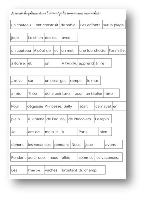 Atelier Phrases à reconstituer Exercice ce1 à imprimer Écriture