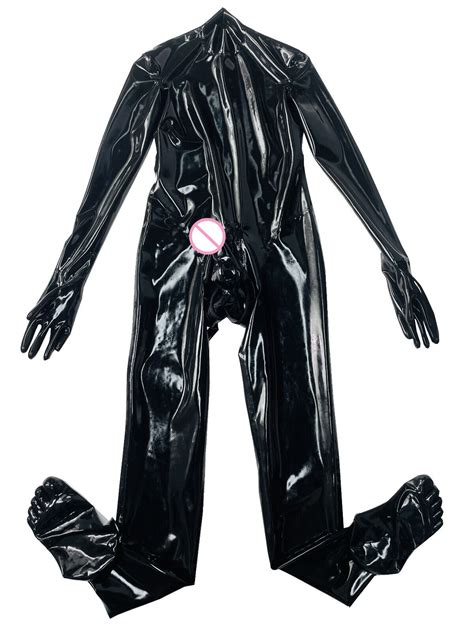 Latex Catsuit With Gloves Toes Codpiece Hidden Two Sheath No Zip Neck