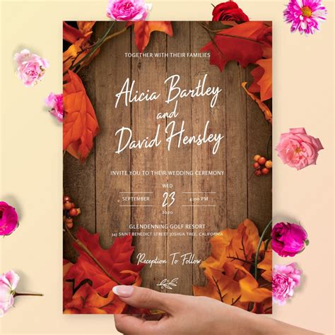 Fall Leaves Barn Wood Rustic Wedding Invitation Template Online Maker