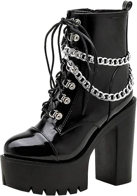 Parisuit Womens Chunky Platform Goth Combat Boots With Chains Punk