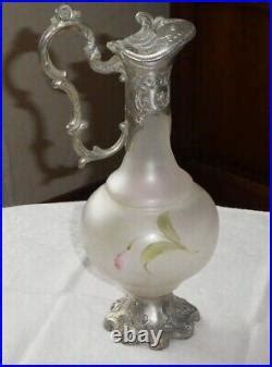 AIGUIERE CARAFE style ART NOUVEAU en verre émaillée et métal Legras