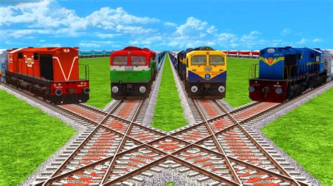 4 TRAINS CROSSING EACH OTHER ON BUMPY CROSS X RAILROAD TRACKS 7 Indian