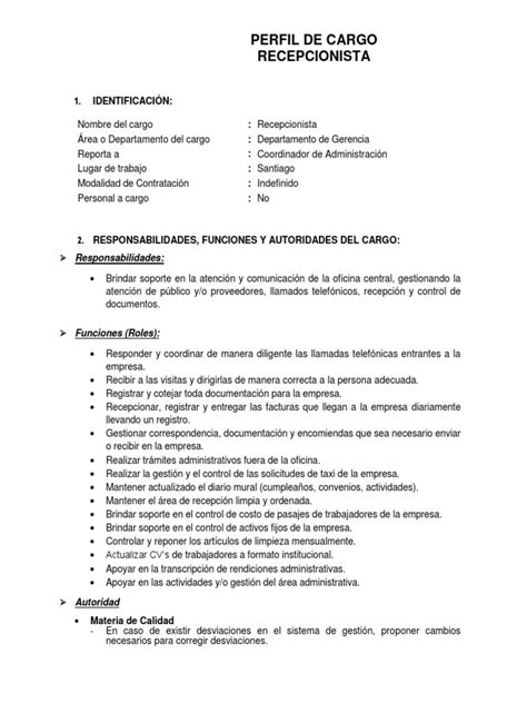 Perfil de Cargo - Recepcionista | PDF | Educación Secundaria | Informática