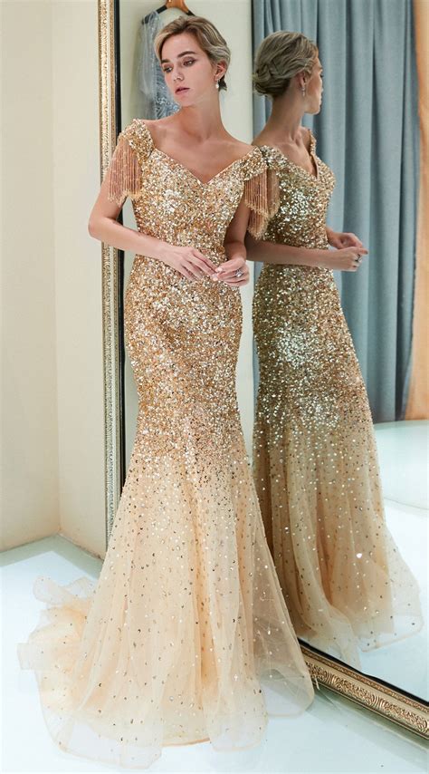 Sequins Cap Sleeves Mermaid Gold Formal Evening Dress Gold Evening