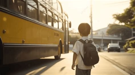 일몰 때 학교 버스 옆에 서 있는 소년 버스로 등교하는 초등학생 고화질 사진 사진 배경 일러스트 및 사진 무료 다운로드