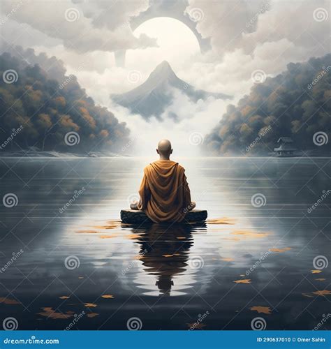 Buddhist Monk In Deep Meditation By A Serene Lakeside Stock Photo