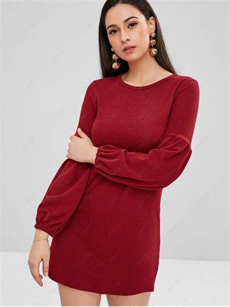 [24 Off] 2021 Balloon Sleeve Mini Sweater Dress In Red Wine Zaful