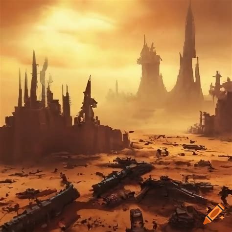 A Wasteland Desert Wide Angle Panorama With Warhammer 40k Hive City