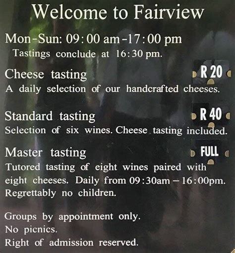 Menu at Fairview Wine and Cheese pub & bar, Paarl