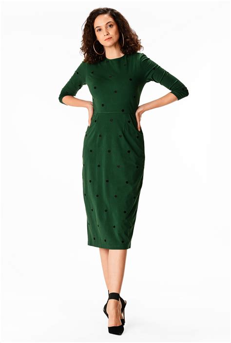 Shop Embellished Polka Dot Cotton Knit Sheath Dress Eshakti