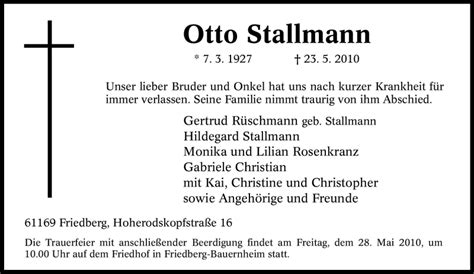 Traueranzeigen Von Otto Stallmann Trauer In Nrw De