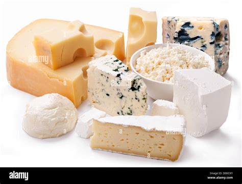 Various types of cheeses on a white background Stock Photo - Alamy