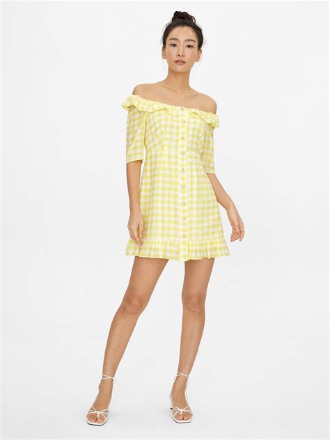 Mini Gingham Ruffled Hemline Dress Yellow Pomelo Fashion