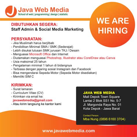 Lowongan kerja Staff Admin dan Social Media Marketing di Java Web Media