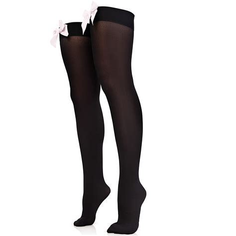 Bow Accent Thigh Highs Black Over The Knee High Stockings With White