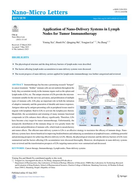 Pdf Application Of Nano Delivery Systems In Lymph Nodes For Tumor