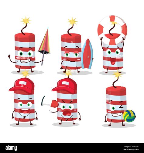 Happy Face Red Firecracker Cartoon Character Playing On A Beach Vector