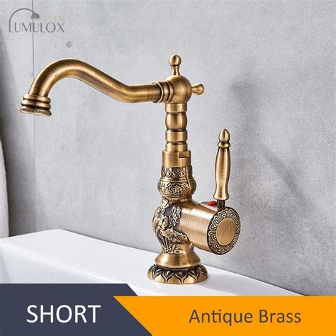 Antique Brass Bathroom Basin Carved Faucet Long Nose Spout Wash Sink