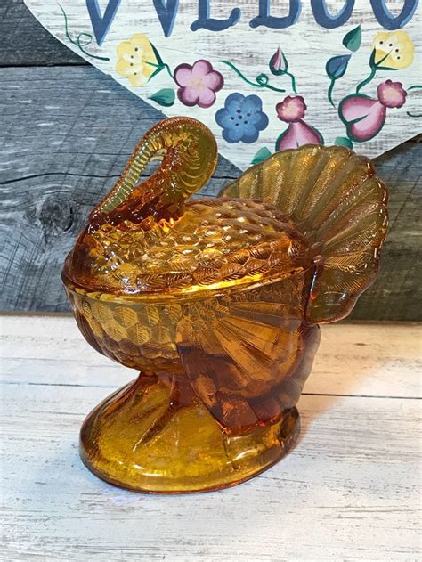 1950 S L E Smith Amber Glass Turkey Candy Dish Etsy Amber Glass Amber Glassware Glass