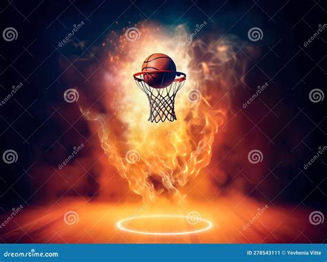 Flaming Basketball Going Into A Basketball Net Generative Ai Stock