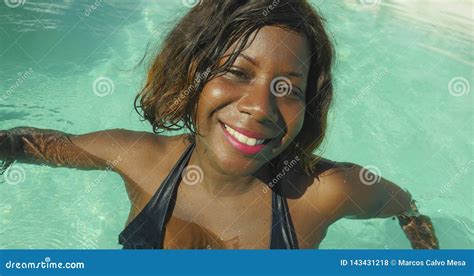 Happy And Beautiful Black African American Woman In Bikini Having Fun