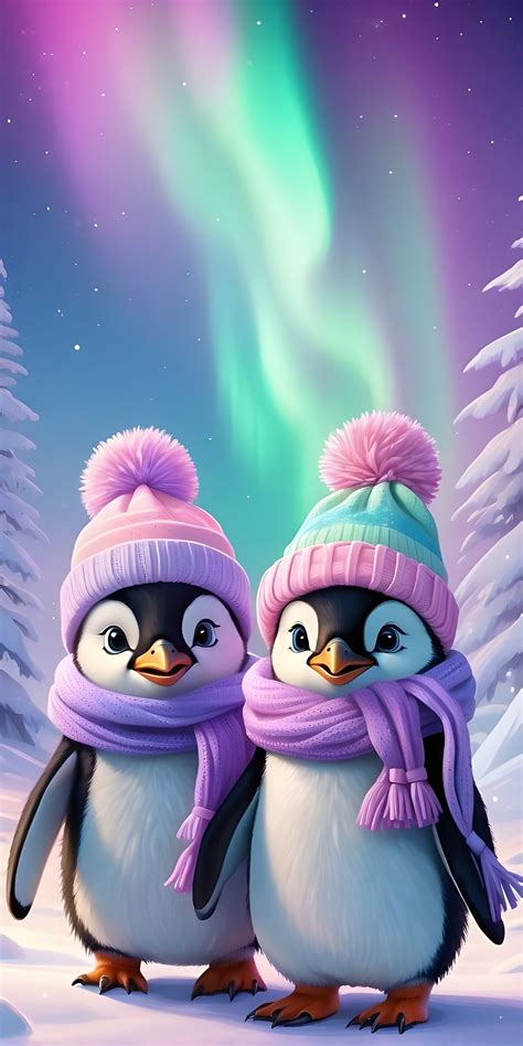 Penguin Couple Wallpaper, Aurora, Winter - MyWallpapers.in