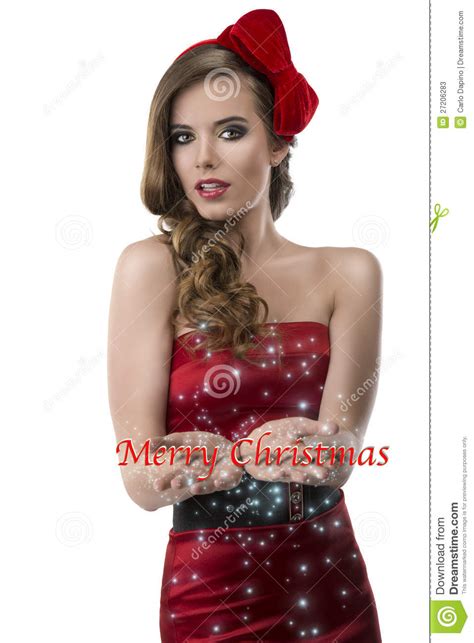 Jolie Fille Avec La Robe Rouge Et Les Mains Ouvertes Image Stock