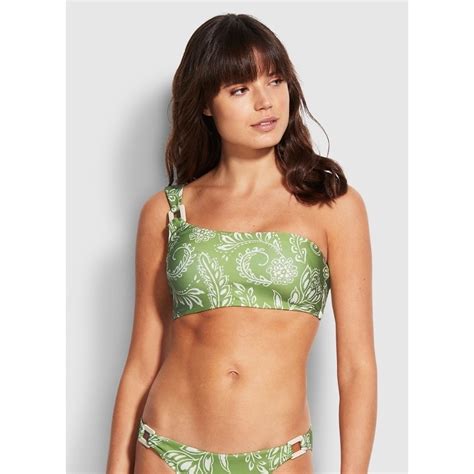 Seafolly Folklore One Shoulder Bikini With Hipster Pant Green Tea