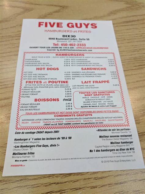 Menu At Five Guys Fast Food Brossard Boulevard Leduc Suite