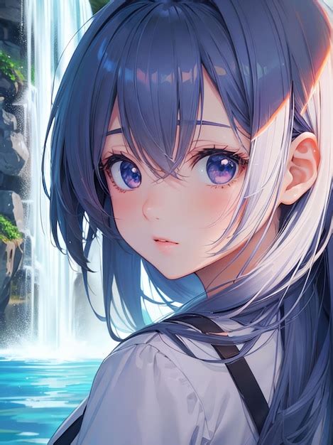 Premium AI Image | Beautiful anime girl next to the waterfall for ...